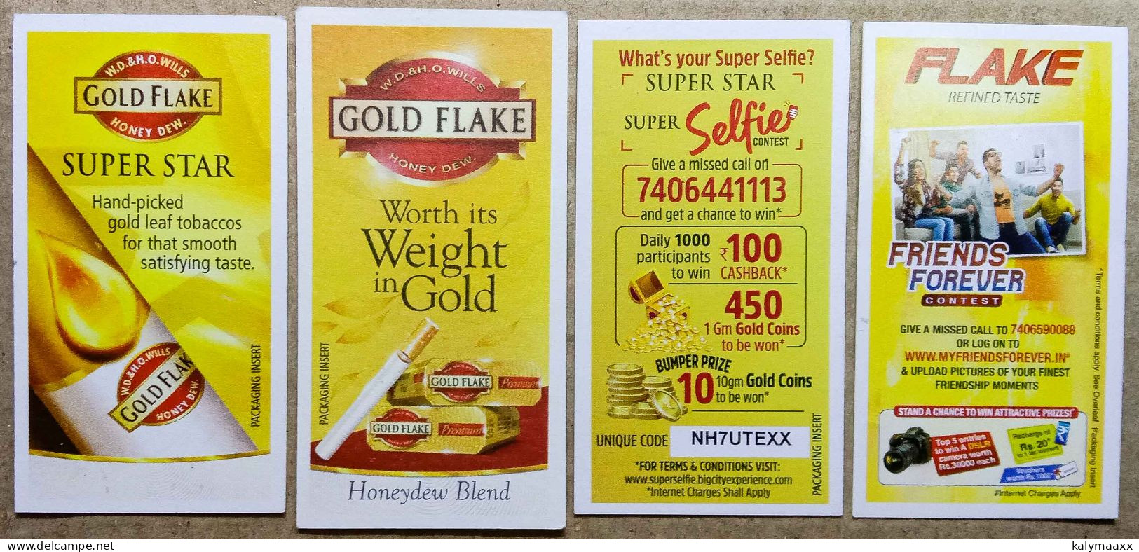 INDIA 4 DIFFERENT CIGARETTE CARDS GOLD FLAKE SUPERSTAR GLOD FLAKE HONEY DEW FLAKE BRAND NEW CONDITION