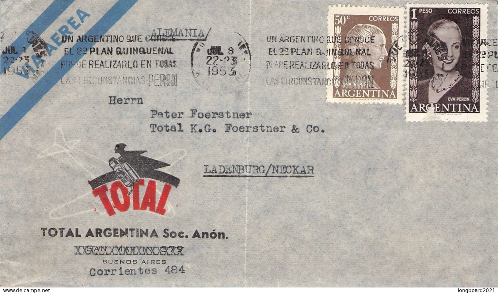 ARGENTINA - AIRMAIL 1953 - LADENBURG/DE / 1214 - Brieven En Documenten