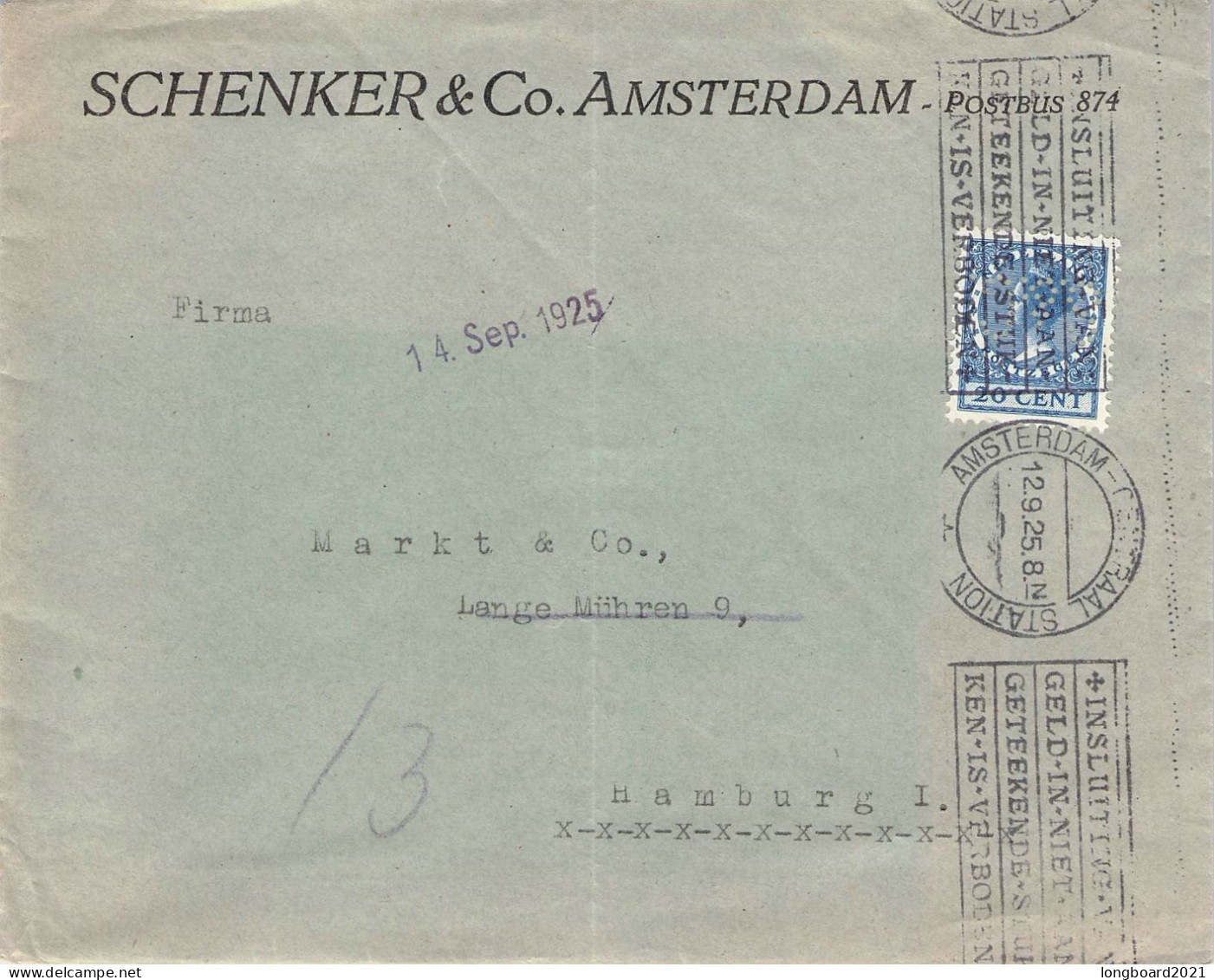 NETHERLANDS - LETTER 1925 AMSTERDAM - HAMBURG/DE / 1215 - Cartas & Documentos