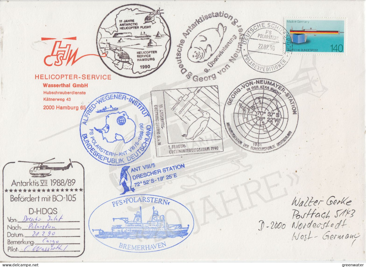 Germany  Large Cover Antarctic Heli Flight From  Drescher Inlet To Polarstern  21.2.1990 (SZ151A) - Polare Flüge