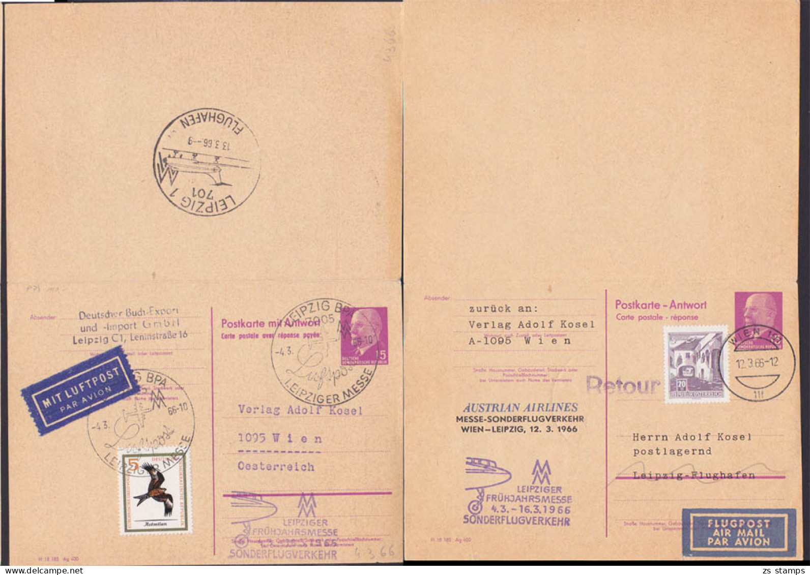 Leipzig Doppelkarte 15/15 Mit Priv. Zudruck SoSt. Luftpost DDR P74 Wien, Antwortteil,  Zusatzfrankatur Austrian Airlines - Cartes Postales - Oblitérées