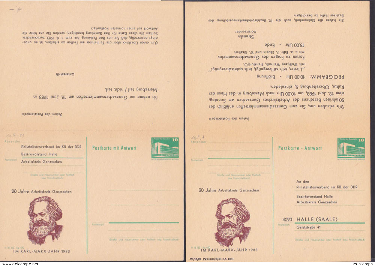 Karl-Marx-Jahr 1983 Doppel-GA 10/10 Pf. Mit Priv. Zudruck  "20 Jahre Arbeitskreis Ganzsachen" Halle Ungebraucht - Cartes Postales Privées - Neuves