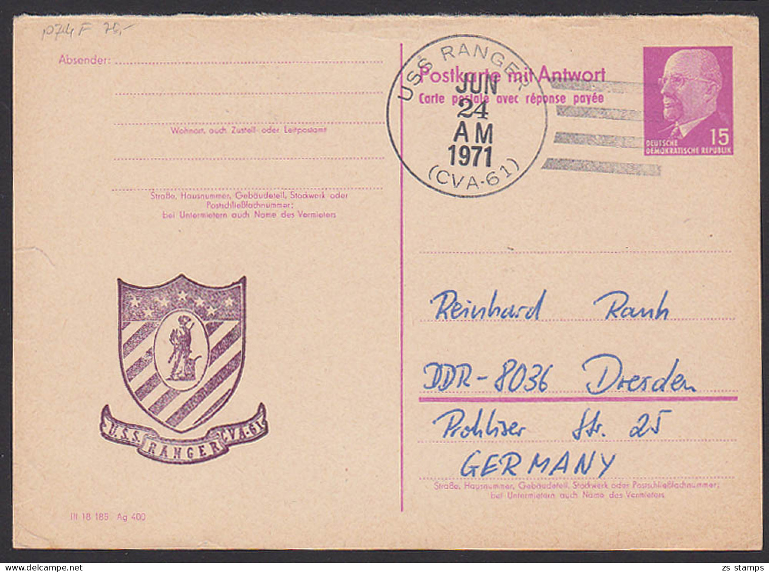 Postkarte P74F 15 Pf. Walter Ubricht, USS Ranger (CVA-61) Nach Dresden 24.6.71 - Postkaarten - Gebruikt