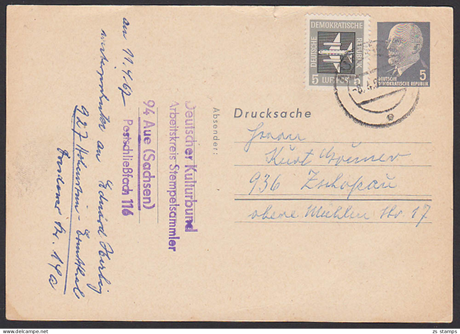 Aue Walter Ulbricht 5 Pf. Ganzsache Mit Zusatzfrankatur Privatganzsache Blanko PP7/1a, 8.4.67 - Postkaarten - Gebruikt