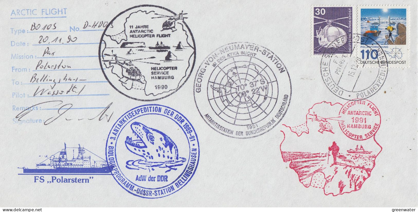 Germany Antarctic Heli Flight From  Polarstern  To Bellingshausen 20.11.1990 (SZ152A) - Vols Polaires