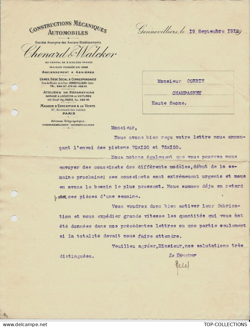 1912 AUTOMOBILES  Chenard & Walcker  FABRICATION DE PISTONS SOUS TRAITANT Corbin à Champagney Haute Saone V HISTORIQUE - 1900 – 1949