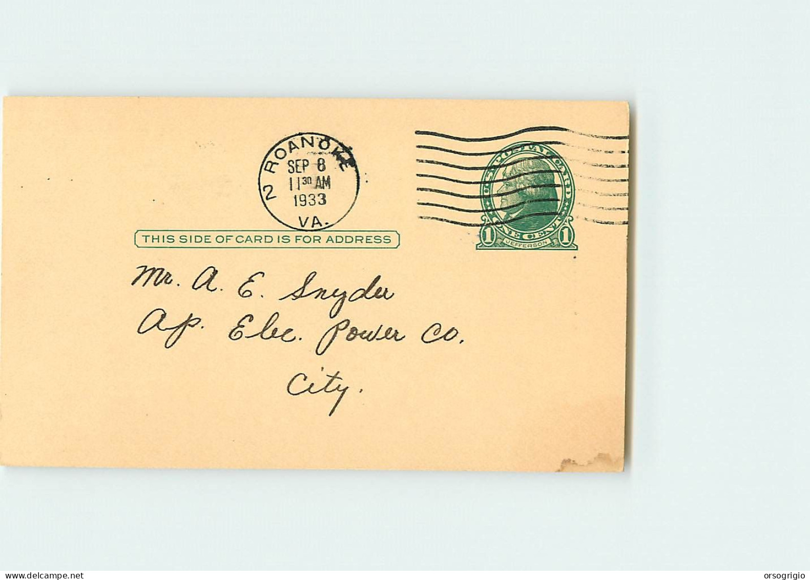 USA - Intero Postale - Stationery - 1c. - JEFFERSON -  ROANOKE - 1921-40