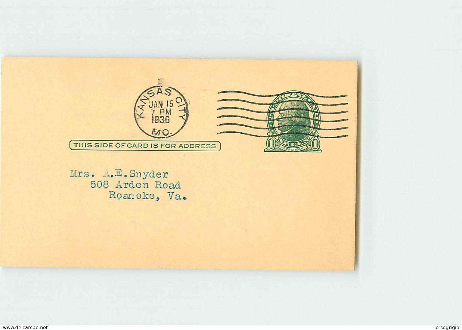 USA - Intero Postale - Stationery - 1c. - JEFFERSON -  KANSAS CITY - 1921-40