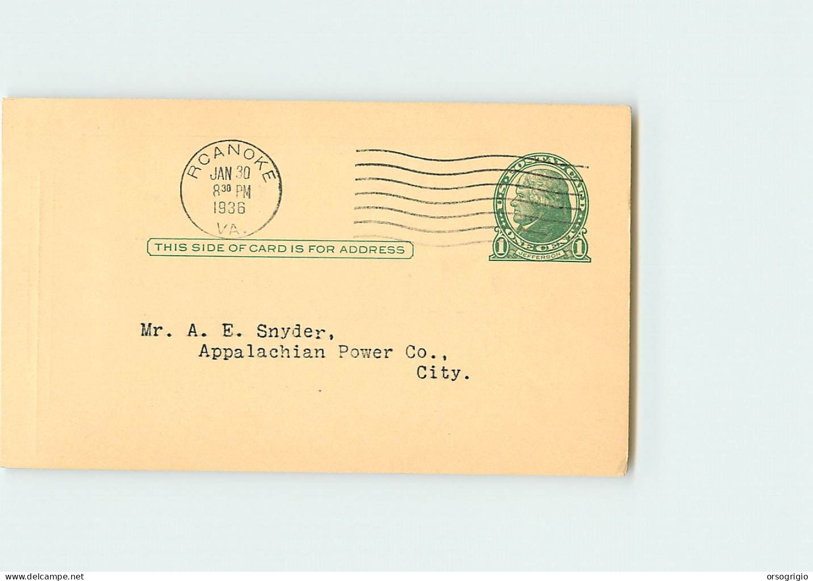 USA - Intero Postale - Stationery - 1c. - JEFFERSON -  ROANOKE - 1921-40