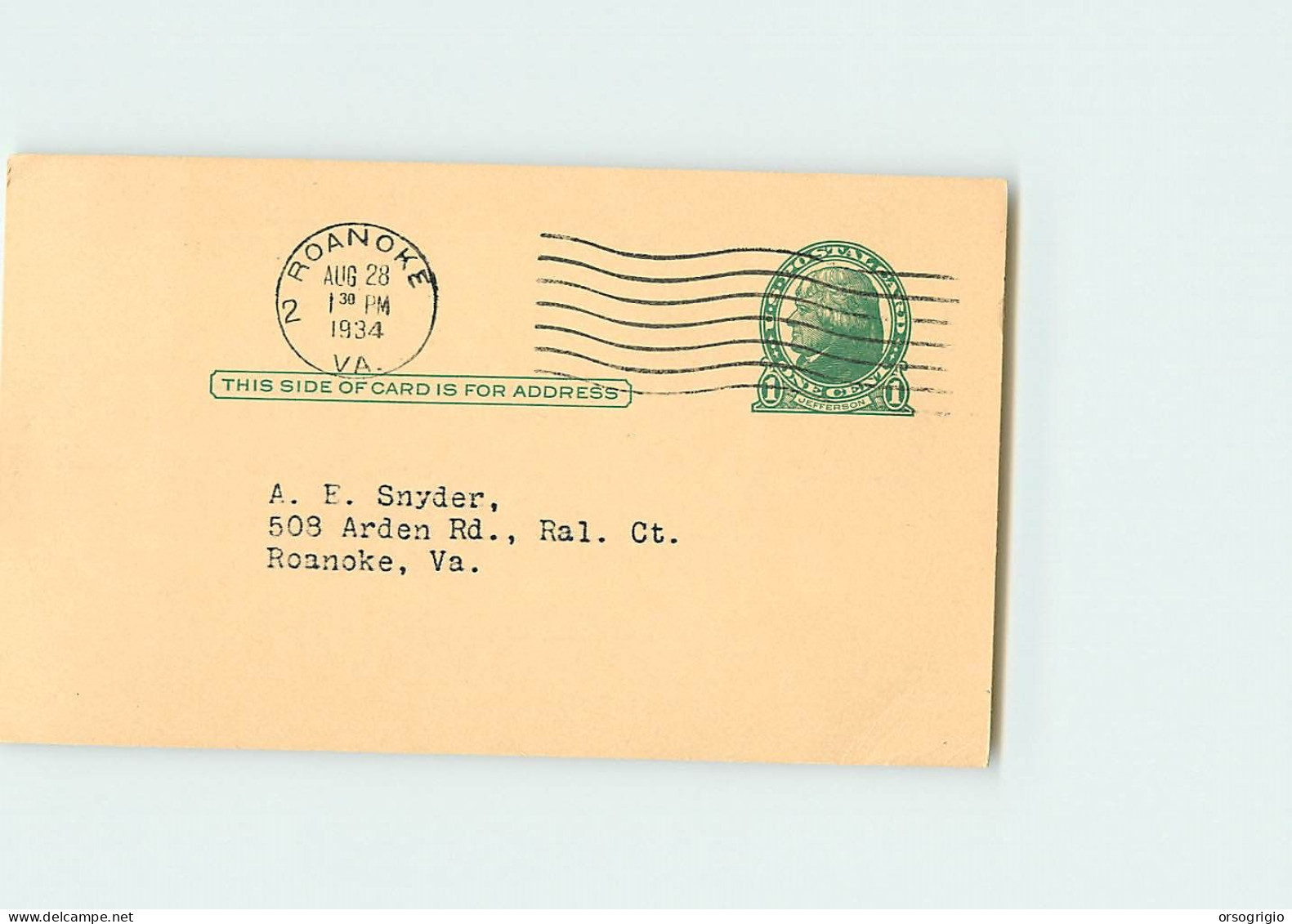 USA - Intero Postale - Stationery - 1c. - JEFFERSON - 2 ROANOKE - 1921-40