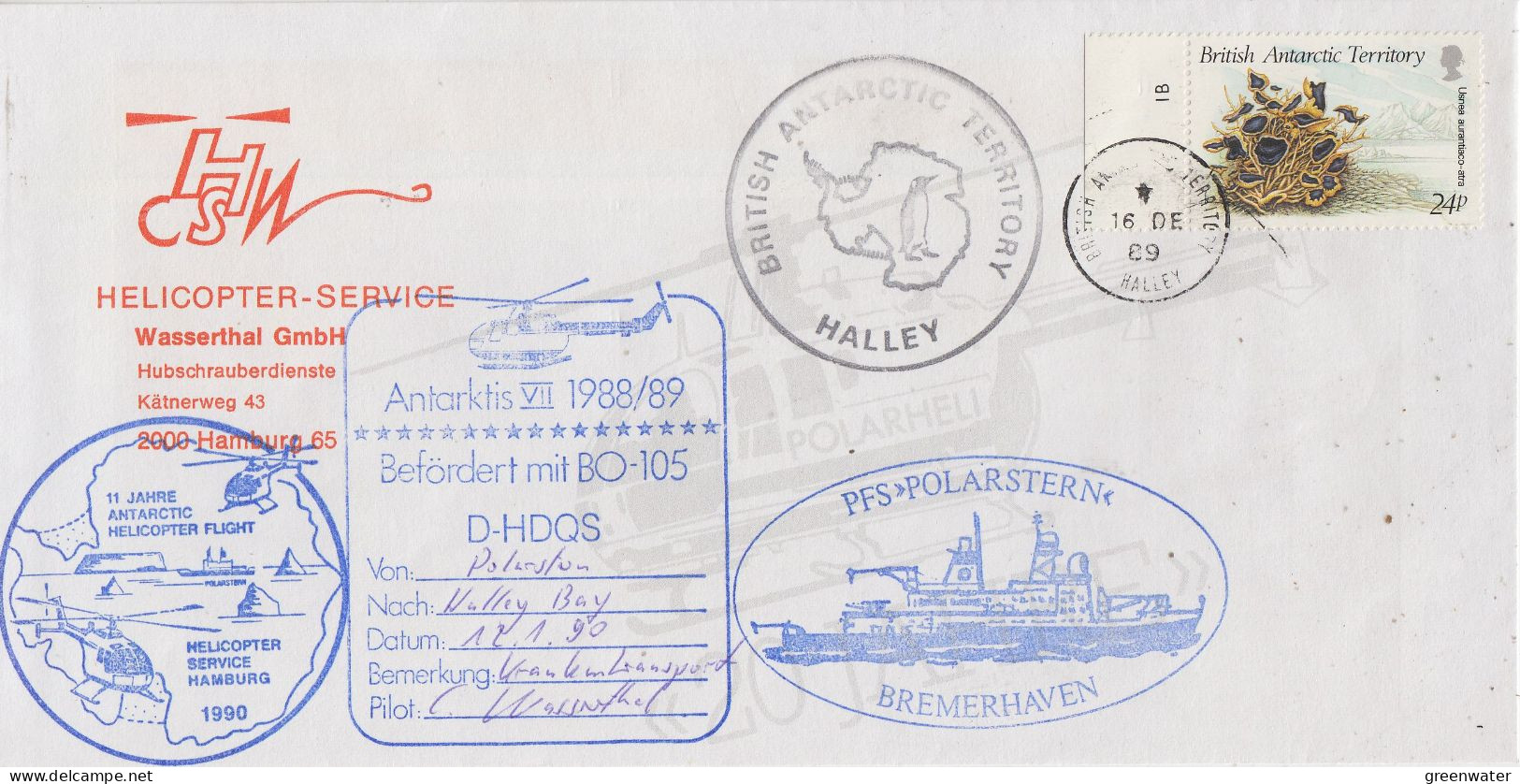 British Antarctic Territory (BAT) Antarctic Heli Flight From Halley Bay To Polarstern 12.1.1990  (SZ153C) - Polare Flüge