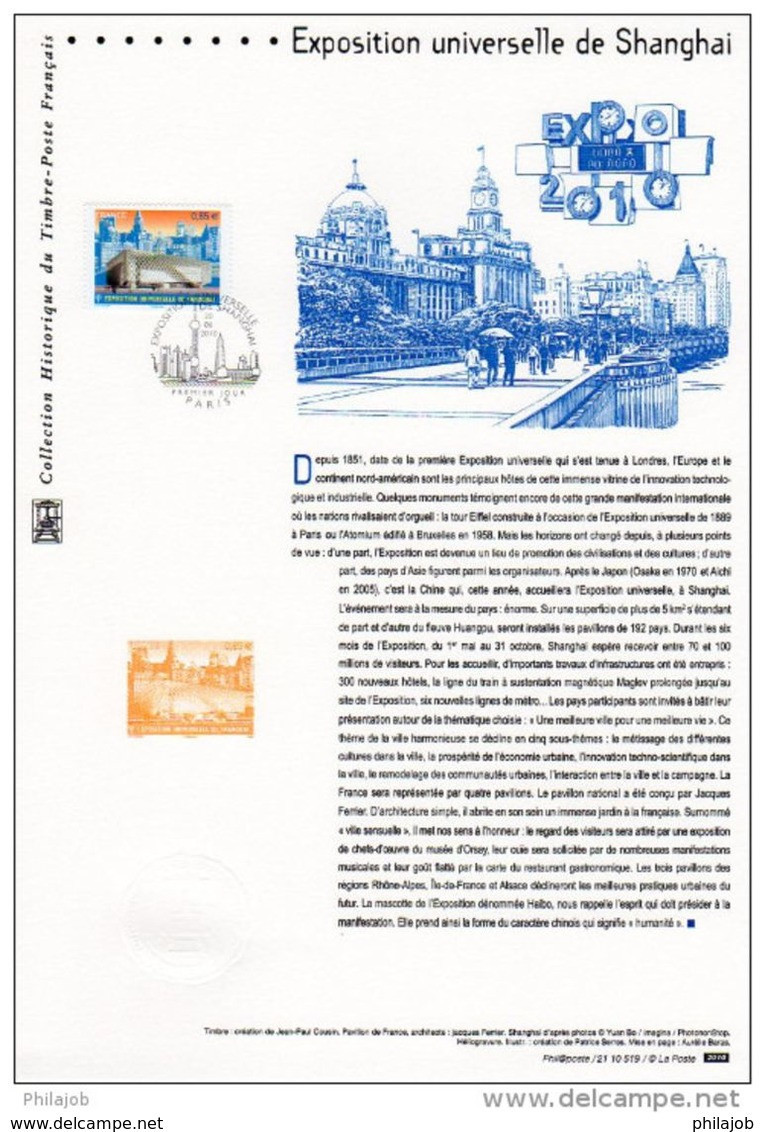 " EXPOSITION UNIVERSELLE DE SHANGHAI " Sur Document Philatélique Officiel 1°Jour De 2010. N° YT 4495. DPO - 2010 – Shanghai (Chine)