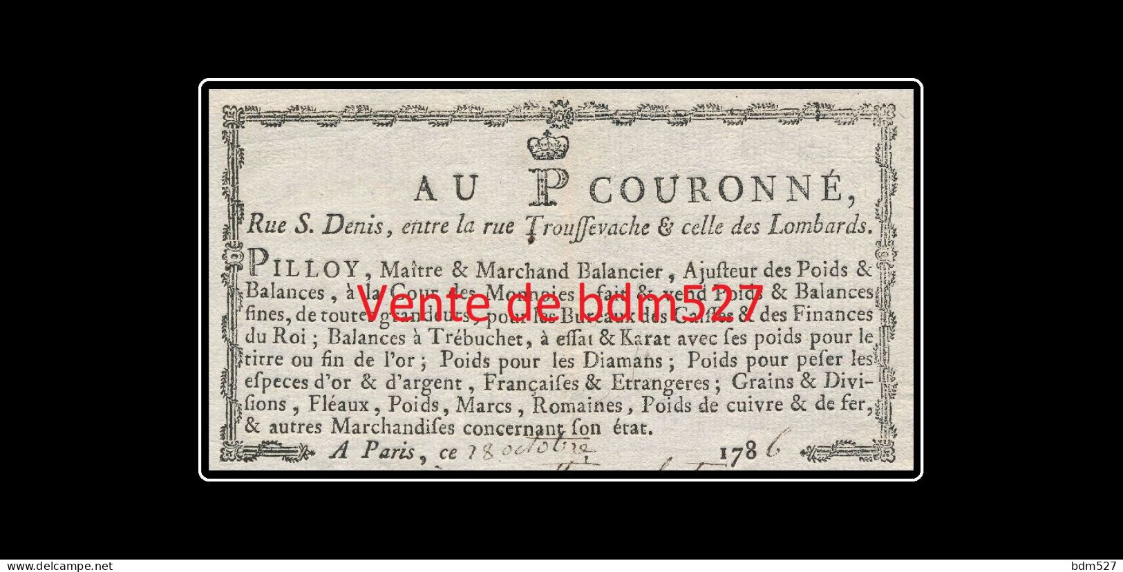 Paris  " Au P Couronné ", Pilloy, Maître & Marchand Balancier, 1786. - ... - 1799