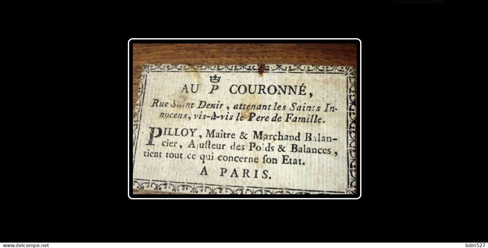 Paris  " Au P Couronné ", Pilloy, Maître & Marchand Balancier, 1786. - ... - 1799