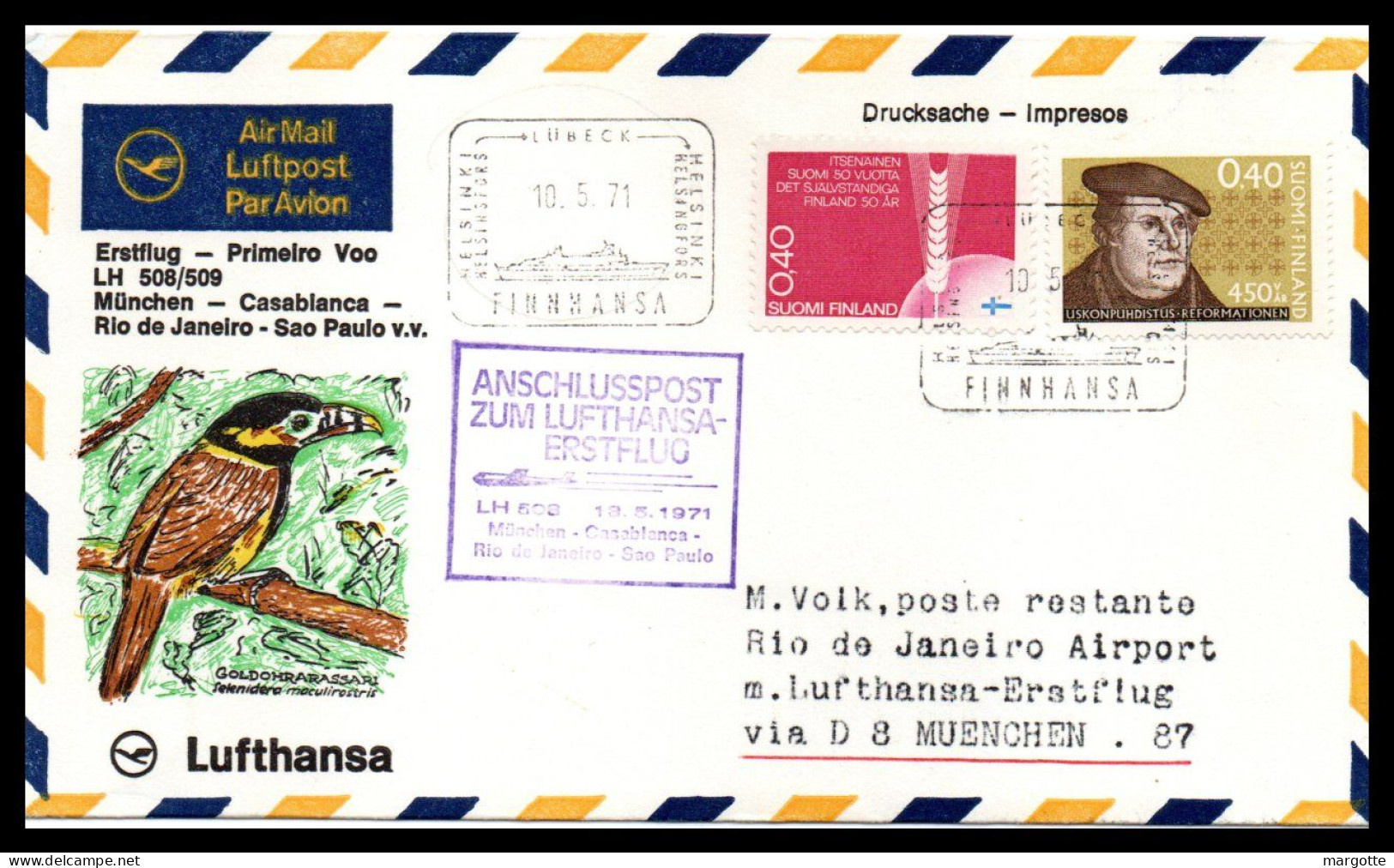 FFC Lufthansa   Munchen-Casablanca-Rio De Janero-Sao Paulo  10/05/1971 - Lettres & Documents