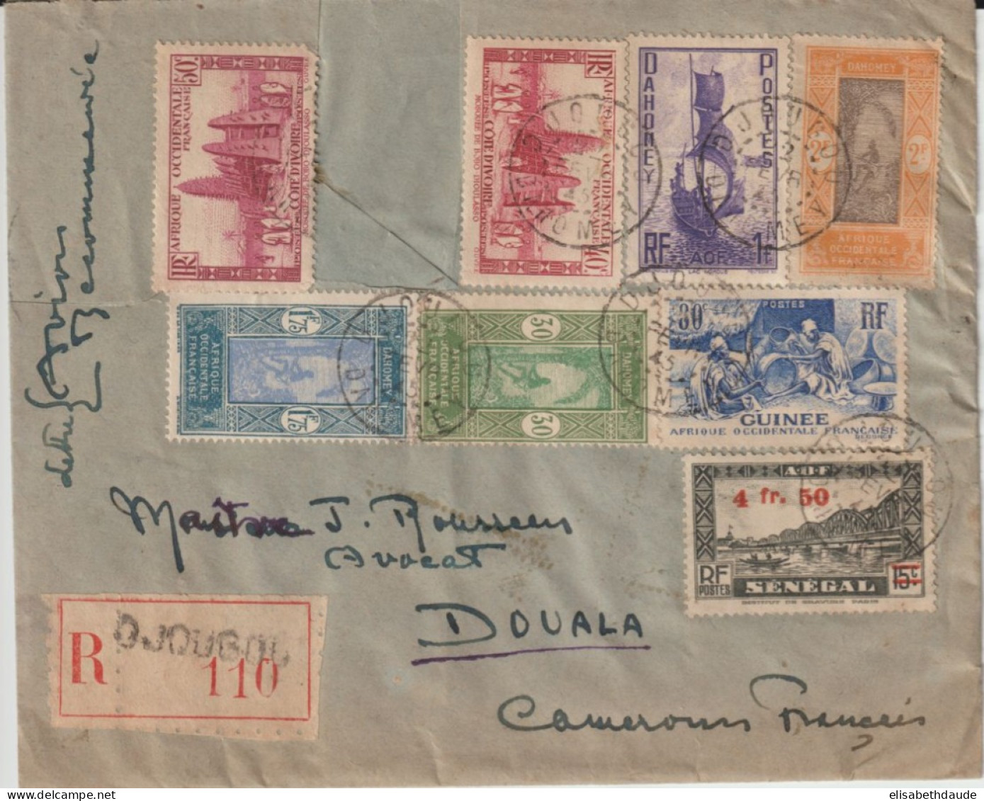 DAHOMEY - 1945 - ENV. RECO AVION CENSURE De DJOUGOU ! => DOUALA (CAMEROUN) - Cartas & Documentos