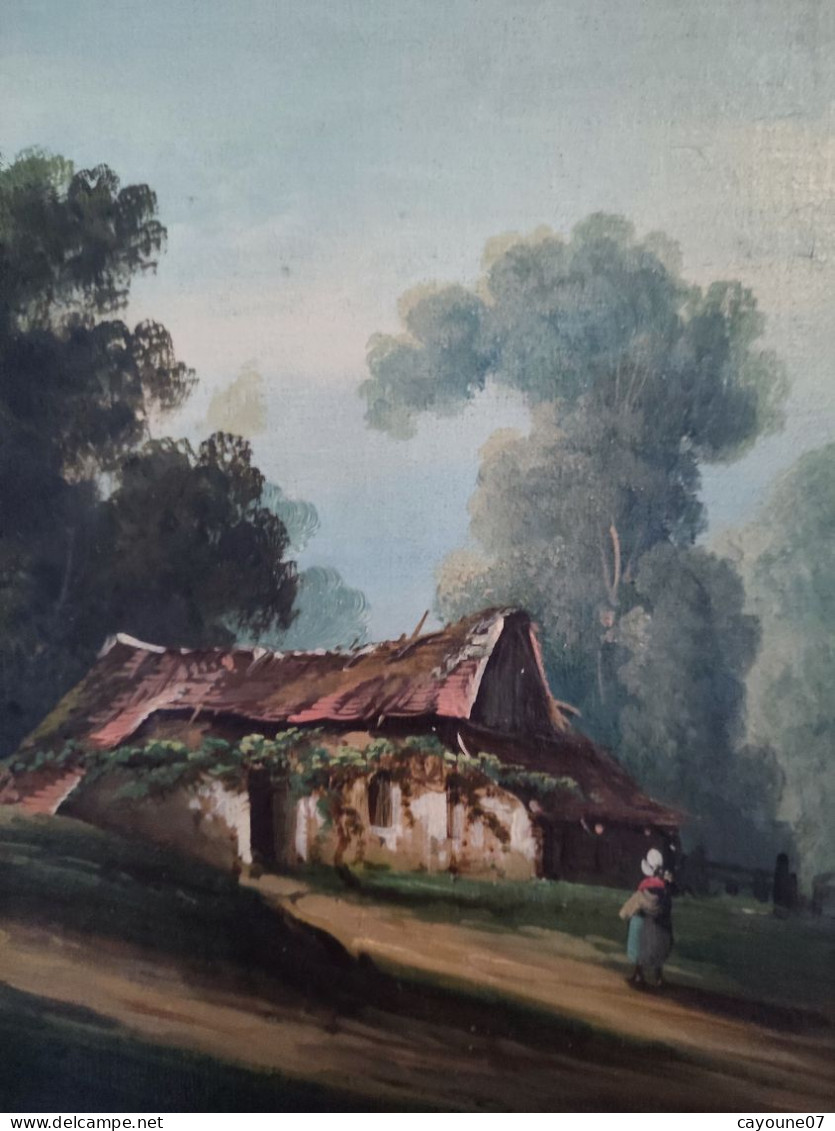 LEGÉ huile Sur Toile "Ferme et paysannes" école de Barbizon bien encadré