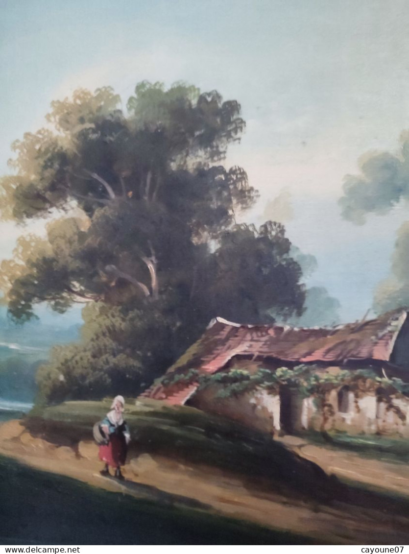 LEGÉ huile Sur Toile "Ferme et paysannes" école de Barbizon bien encadré