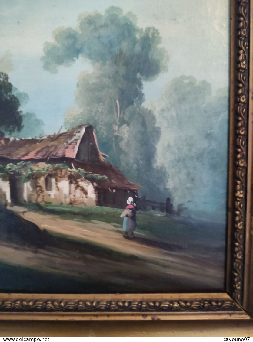 LEGÉ huile Sur Toile "Ferme et paysannes" école de Barbizon bien encadré