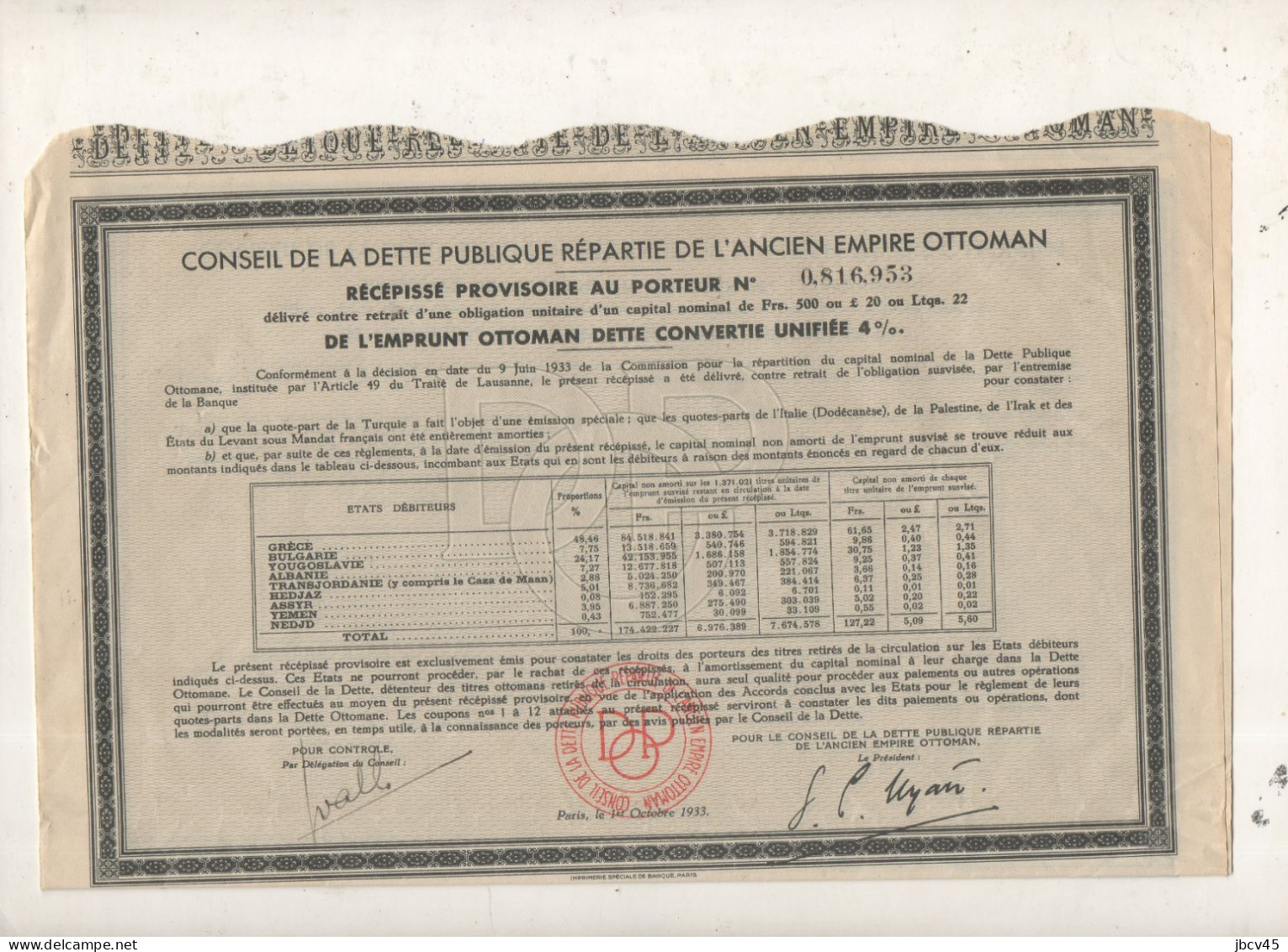 Lot De Deux Recepissé  Provisoire  Emprunt Ottoman 4%1933  De 500fr - Azië