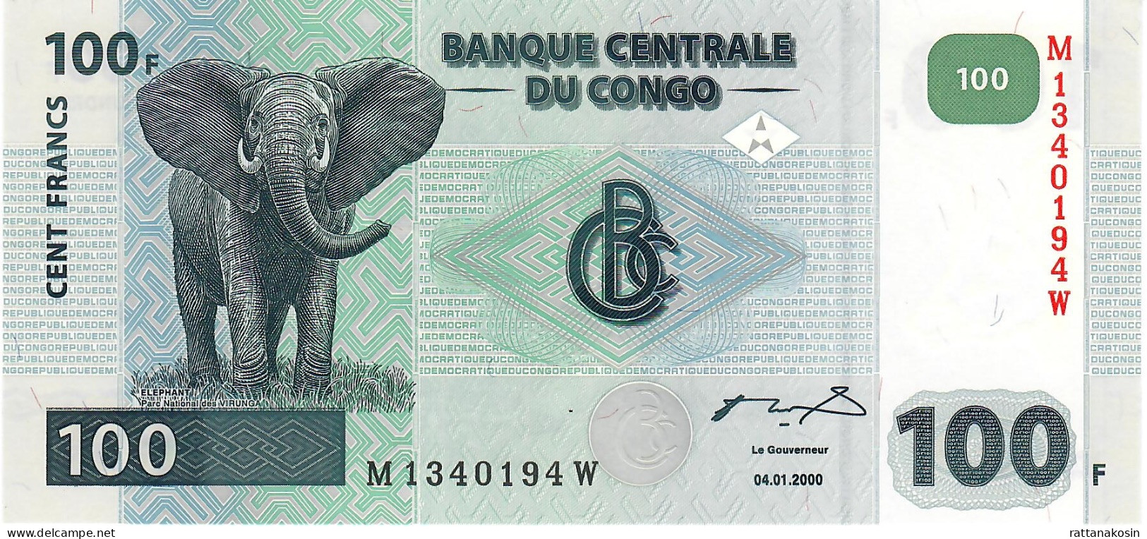 CONGO D.R. P92c (= B315c ) 100 FRANCS 4.1.2000 #M/W  Printer : G&D, Munich  UNC. - Democratische Republiek Congo & Zaire