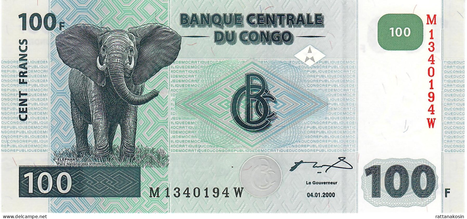 CONGO D.R. P92c (= B315c ) 100 FRANCS 4.1.2000 #M/W  Printer : G&D, Munich  UNC. - République Démocratique Du Congo & Zaïre