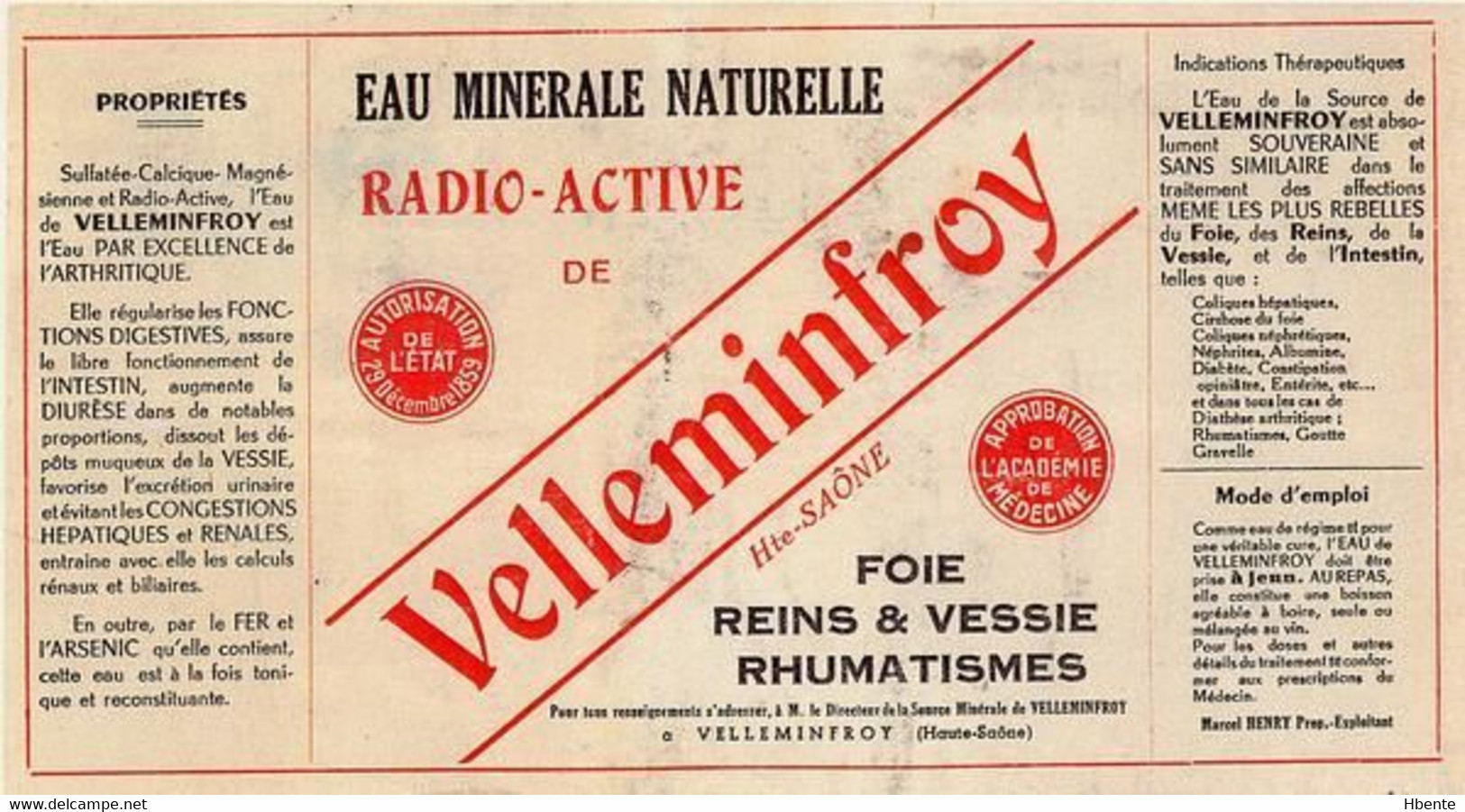 Eau Minérale Radio-active Velleminfroy Haute-Saône (Photo) - Objets