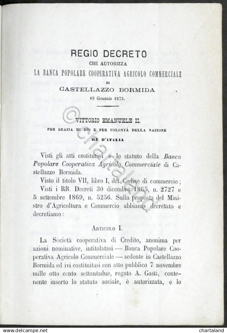 Statuto Della Banca Popolare Di Castellazzo Bormida (Alessandria) - 1873 - Altri & Non Classificati