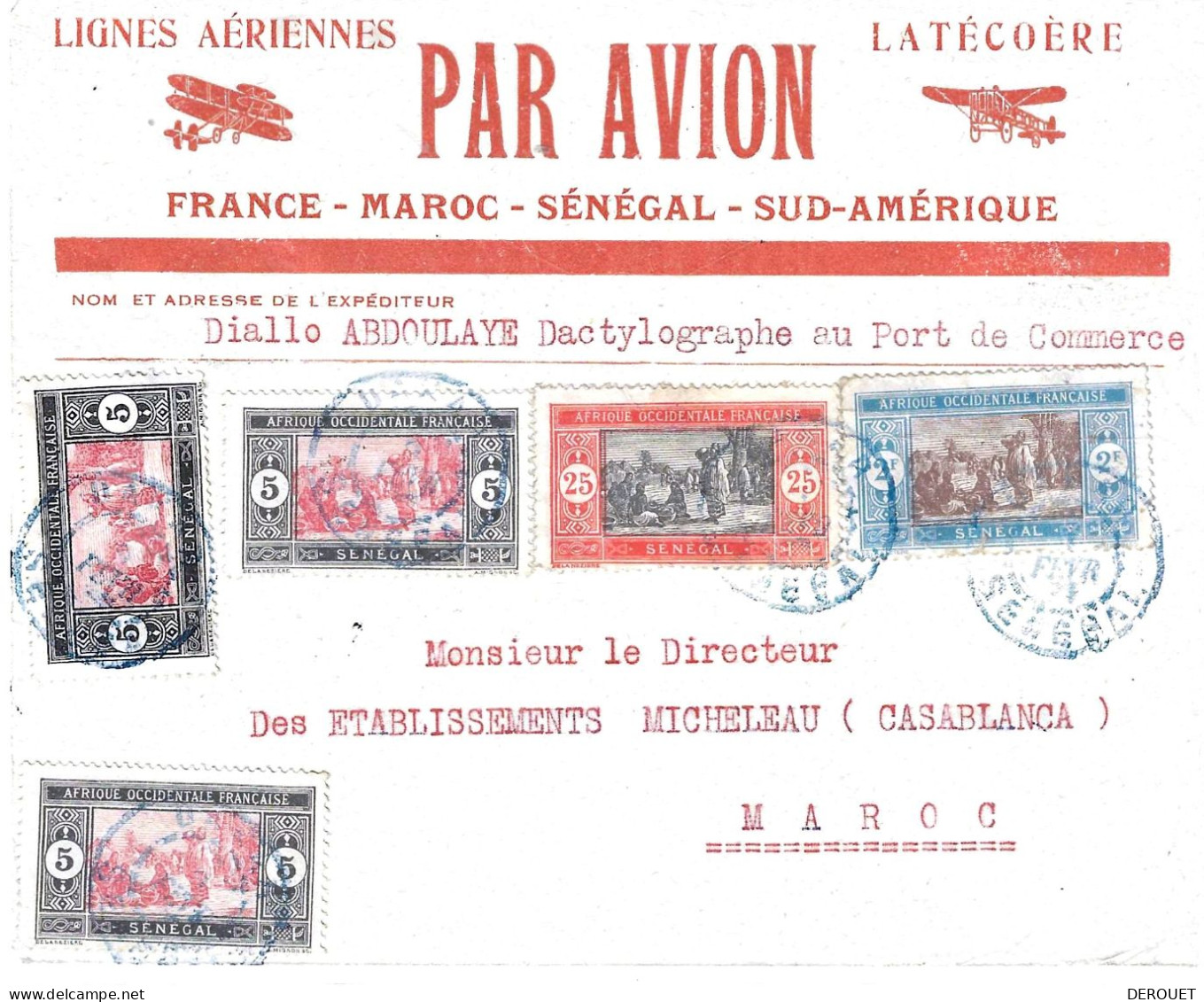 Ligne Mermoz - Enveloppe Latécoère - Dakar Pour Casablanca - Airmail