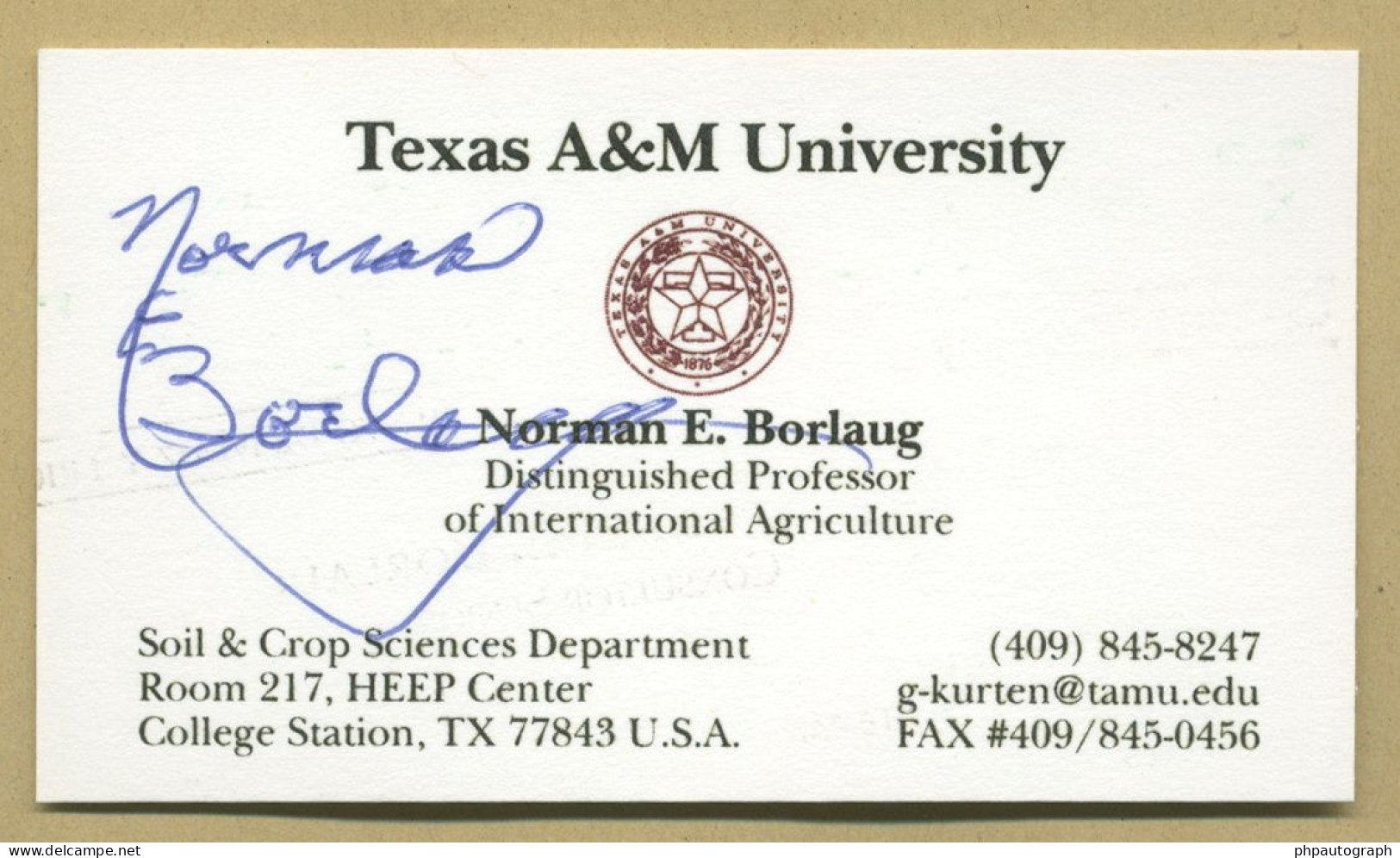 Norman Borlaug (1914-2009) - Agronomist - Signed Business Card + Photo - Nobel - Inventors & Scientists