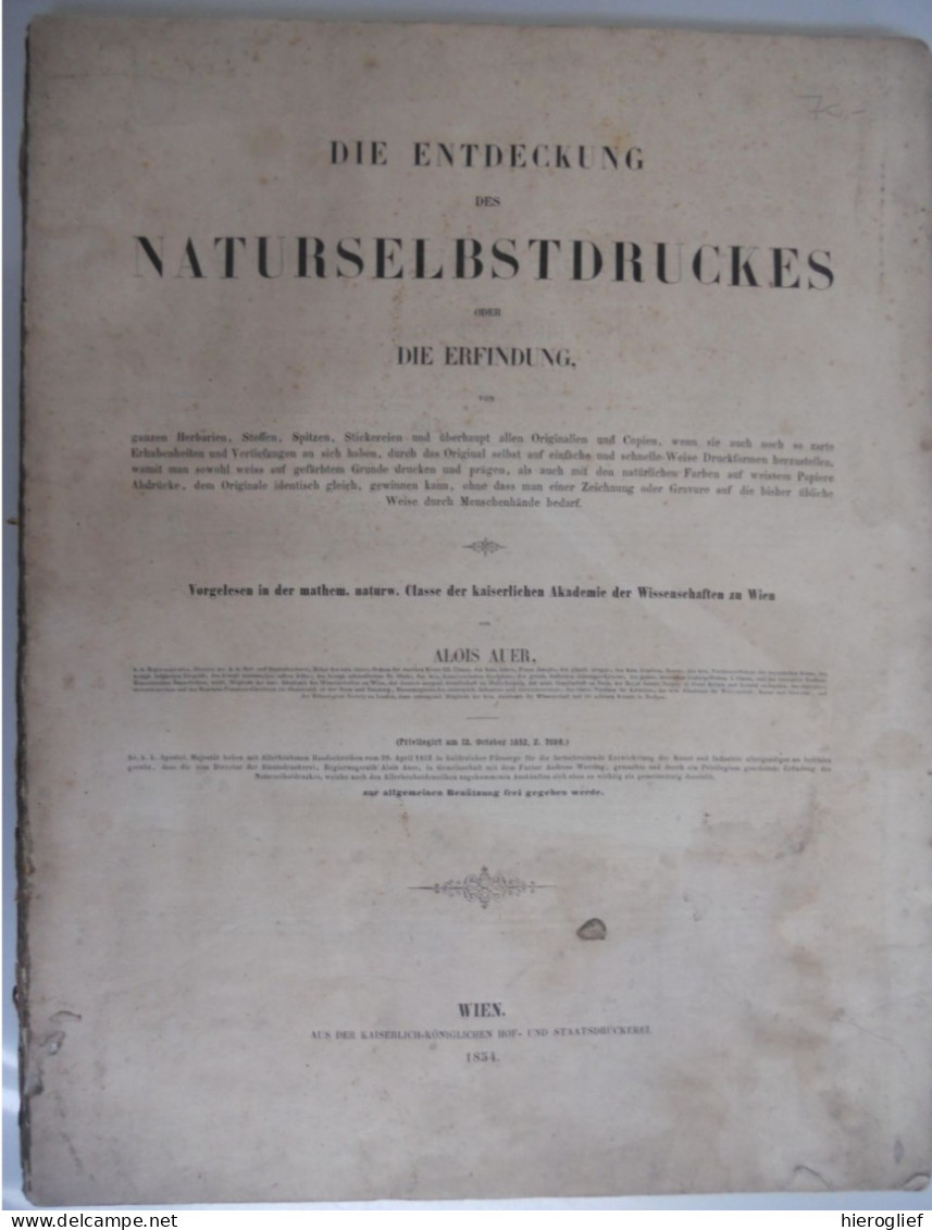 Die Endeckung Des NATURSELBSTDRUCKES Oder Die Erfindung Von Herbarien Stoffen Spitzen Stiekereien Alois AUER WIEN 1854 - Libros Antiguos Y De Colección