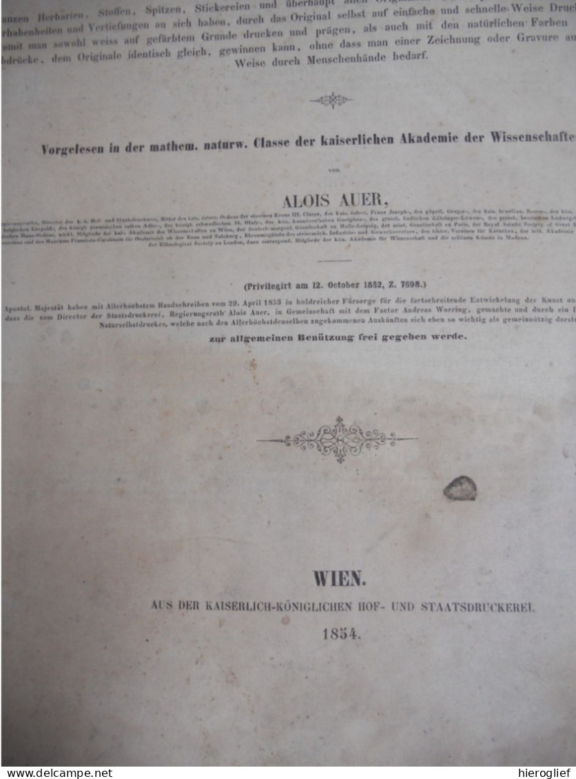 Die Endeckung Des NATURSELBSTDRUCKES Oder Die Erfindung Von Herbarien Stoffen Spitzen Stiekereien Alois AUER WIEN 1854 - Alte Bücher