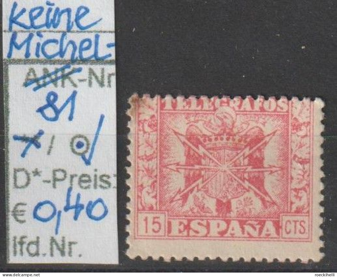 1949 - SPANIEN - FM/DM/Telegraph.marken "Wappen Mit Blitzen" 15 C Rosakarmin - O Gestempelt - S.Scan (telegr. YT81o Esp) - Telegrafi
