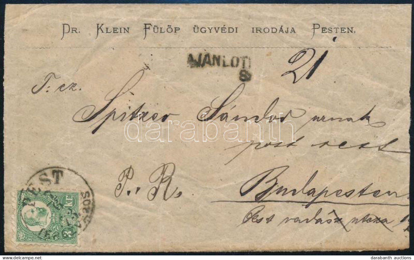 1873 Helyi Ajánlott Levél Réznyomat 3kr és A Hátoldalon 5kr Bérmentesítéssel, érdekes Hátoldali Postai Feljegyzéssel - Altri & Non Classificati