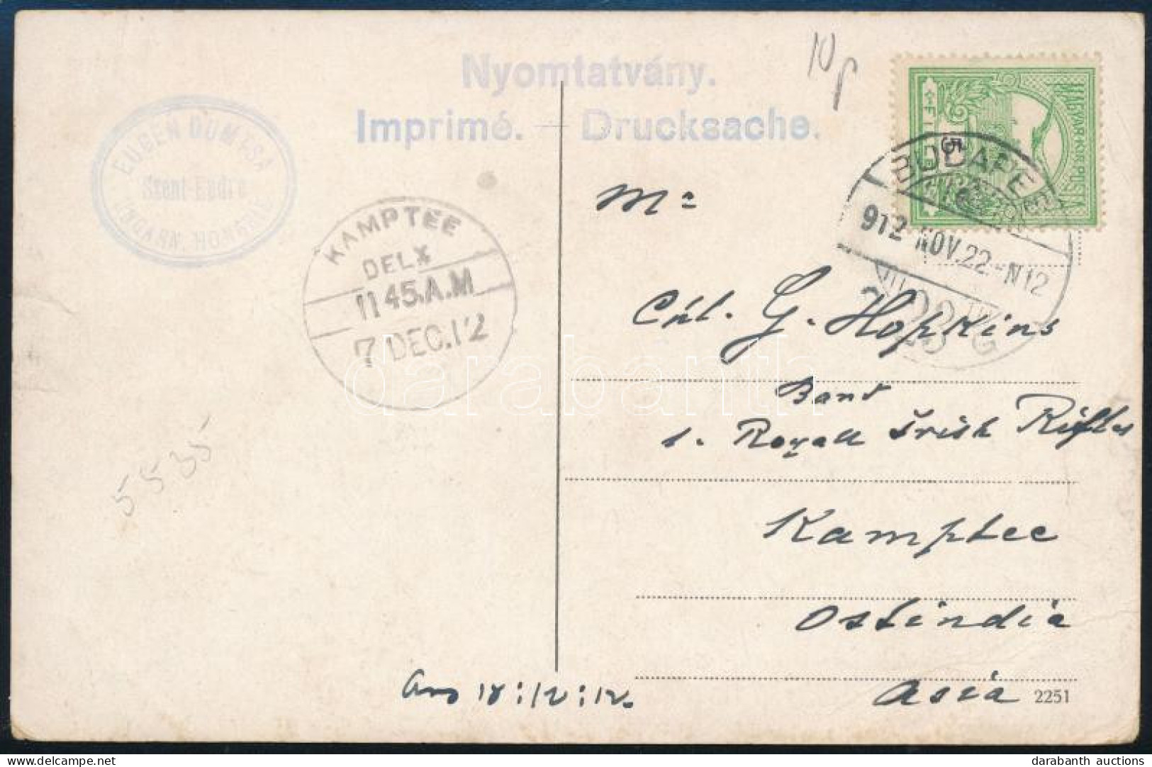 1912 Képeslap Indiába "KAMPTEE" érkezési Bélyegzéssel - Other & Unclassified