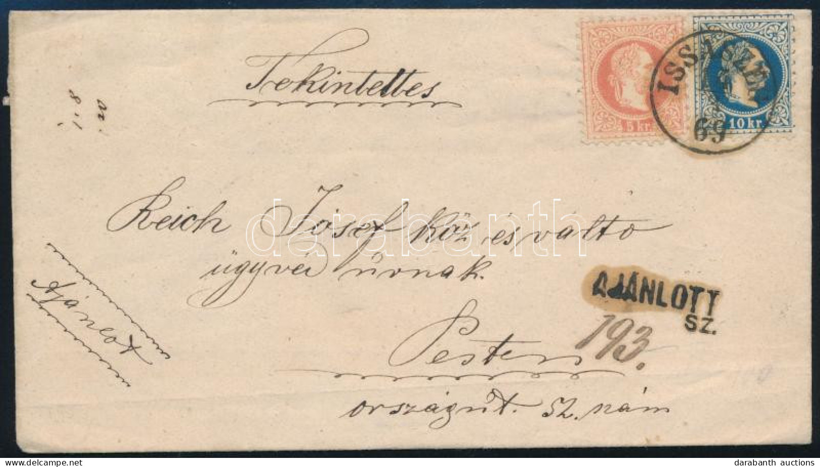 1869 Ajánlott Levél 5kr + 10kr Bérmentesítéssel "ISSASZEG" - "PEST" (Gudlin 250 P) - Otros & Sin Clasificación