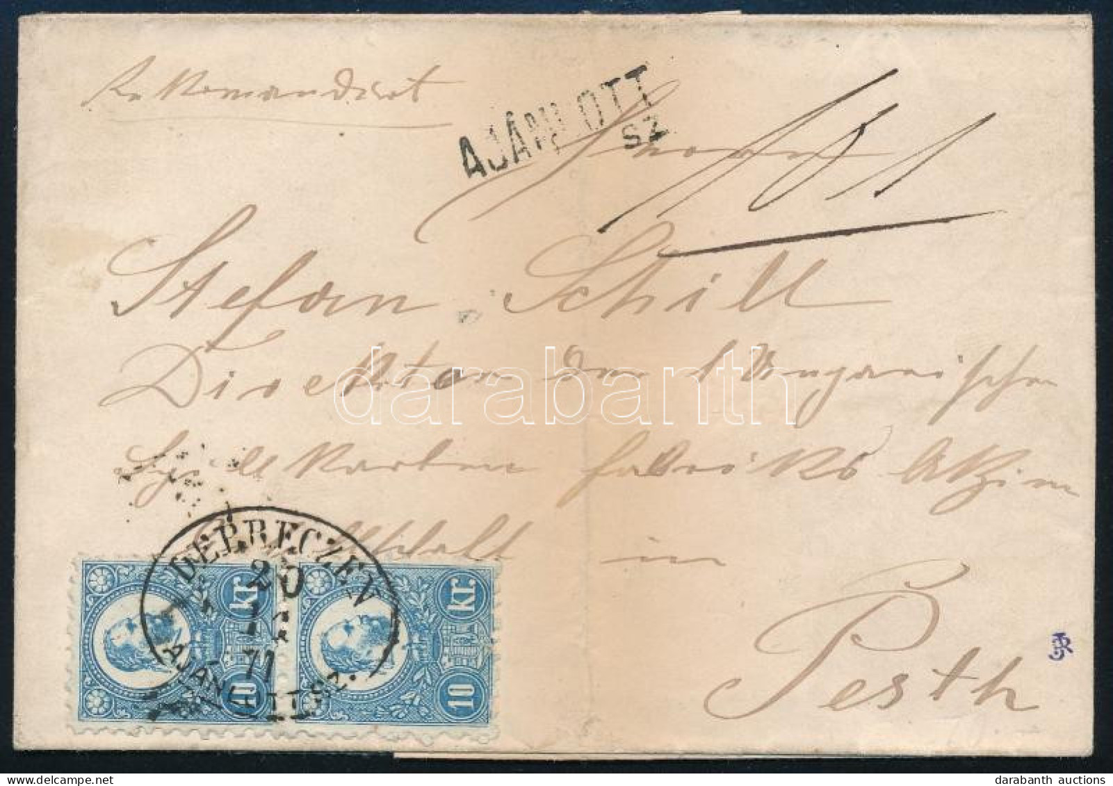 1871 Ajánlott Levél Réznyomat 10kr Függőleges Párral Bérmentesítve "DEBRECZEN / AJÁNLOTT SZ." - "PEST" (Gudlin 150 P) - Sonstige & Ohne Zuordnung