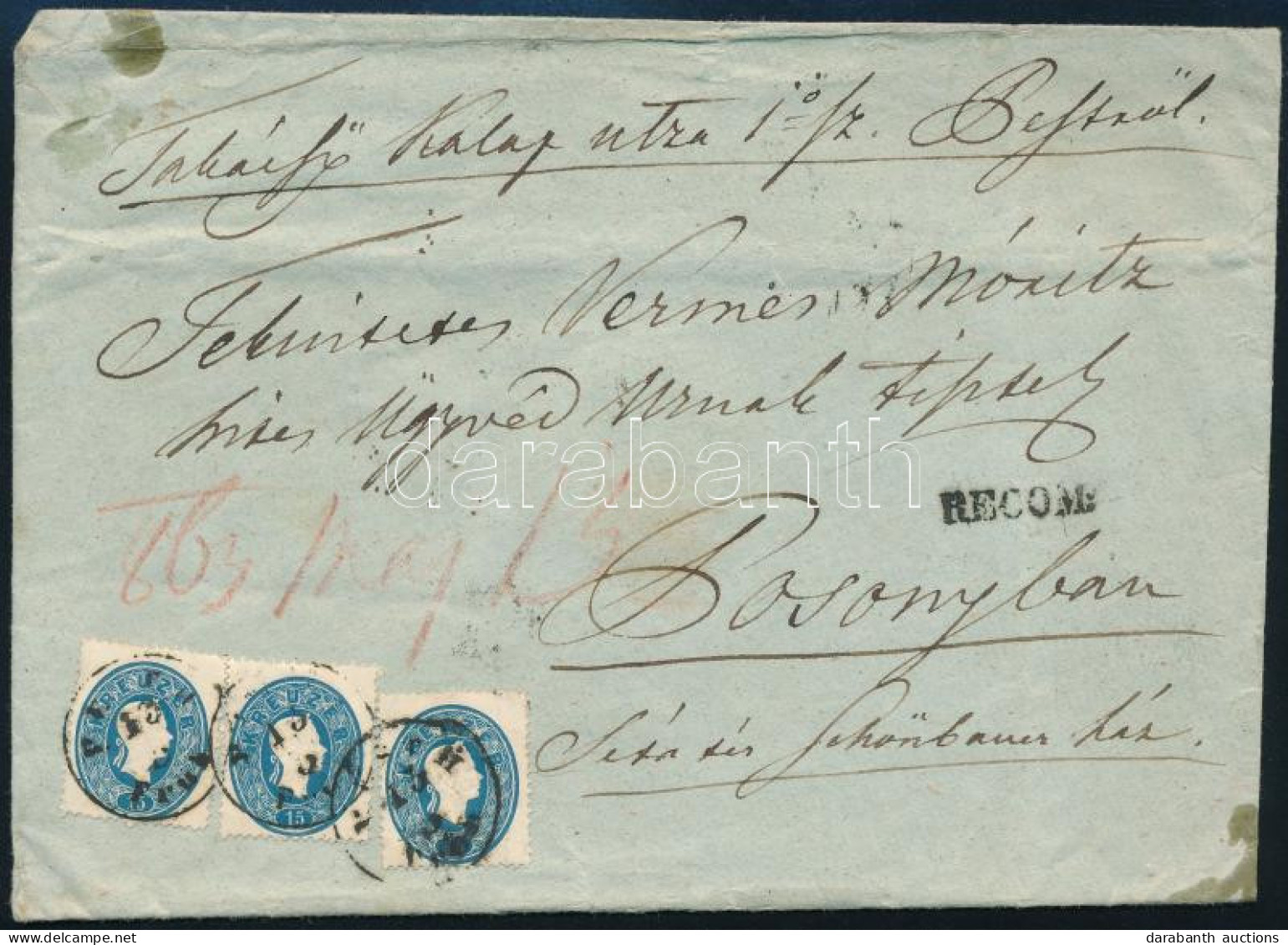 ~1861 Ajánlott Levél 3 X 15kr + Hátoldalon 10kr Bérmentesítéssel "PESTH" - "PRESSBURG" III. Zóna - Autres & Non Classés