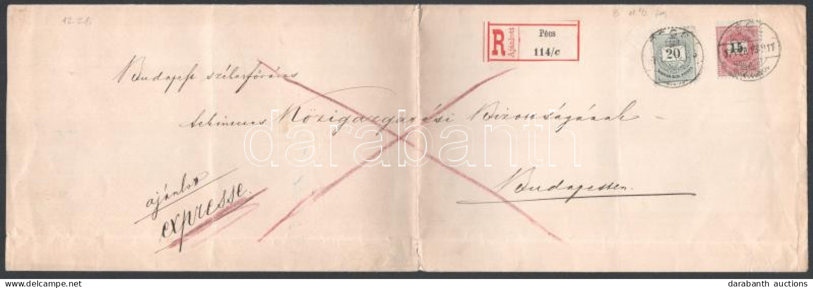 1897 Nagyalakú Expressz Ajánlott Levél Színes Számú 20kr + Fekete Számú 15kr Bérmentesítéssel "PÉCS" - Autres & Non Classés