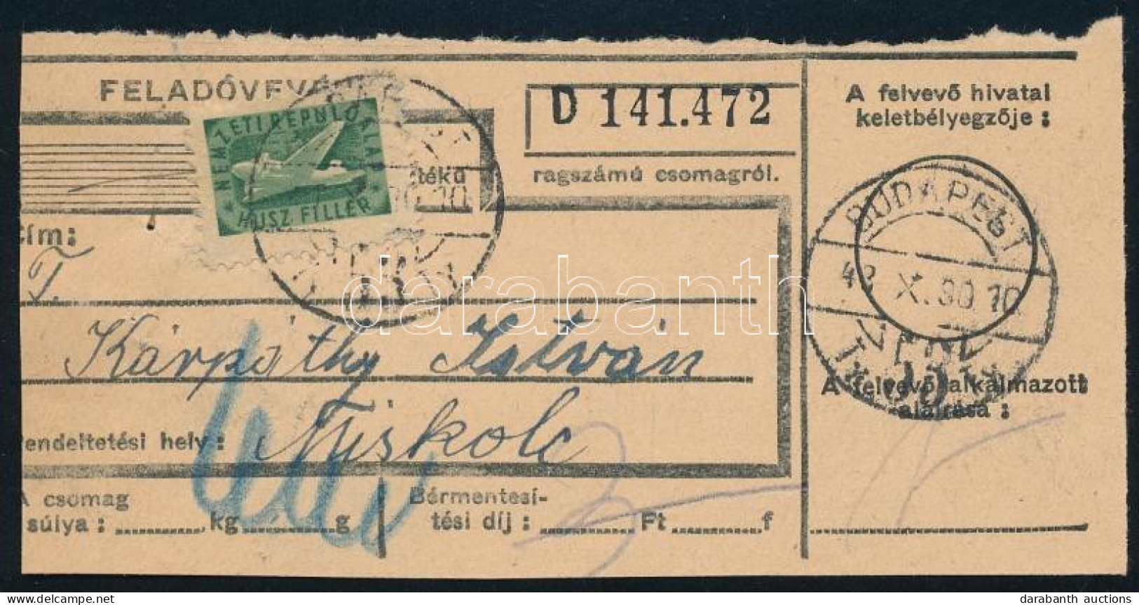 1948 Feladóvevény Nemzeti Repülőalap 20f Bérmentesítéssel RR! - Autres & Non Classés