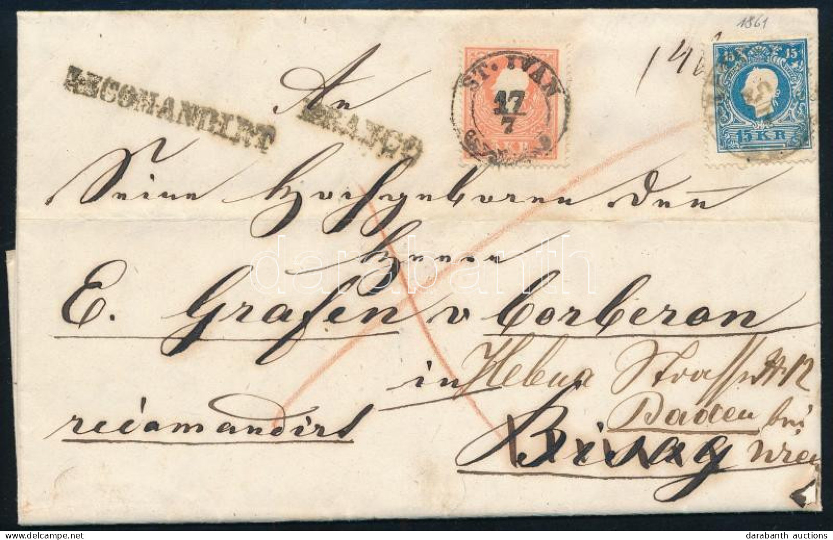 ~1861 5kr + 15kr + A Hátoldalon Kettétépett 10kr Ajánlott Levélen "ST. IVAN" (Gudlin 300 Pont) - "BREZNICA" Továbbküldve - Otros & Sin Clasificación