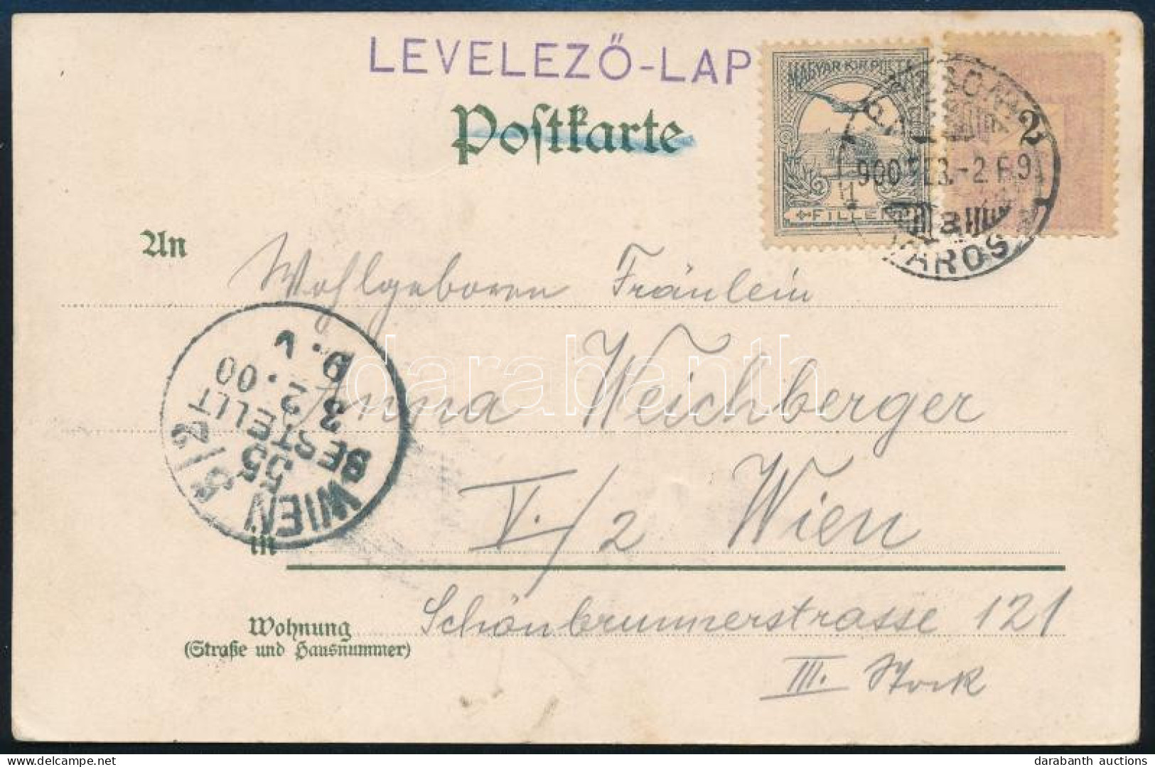 1900 Krajcár-Turul Vegyes Bérmentesítésű Képeslap "POZSONY/VÁROS" Bélyegzéssel 2kr+1f Bécsbe - Autres & Non Classés