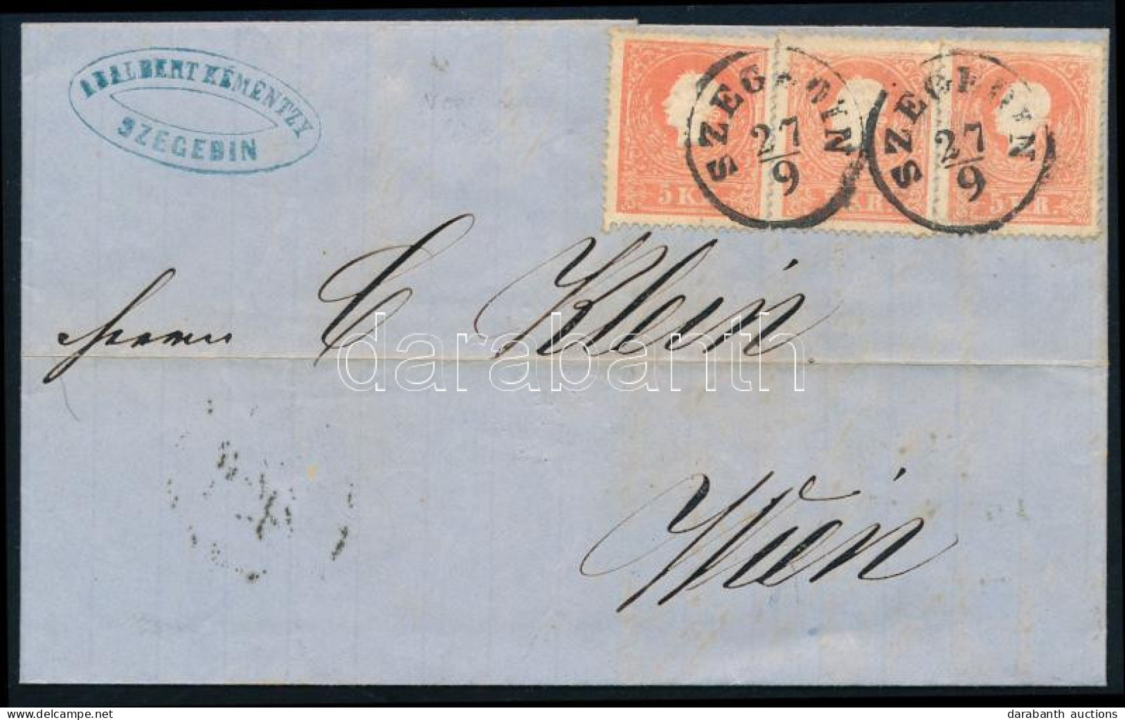 1860 3 X 5kr (festékfoltok) Levélen "SZEGEDIN" - Wien - Sonstige & Ohne Zuordnung