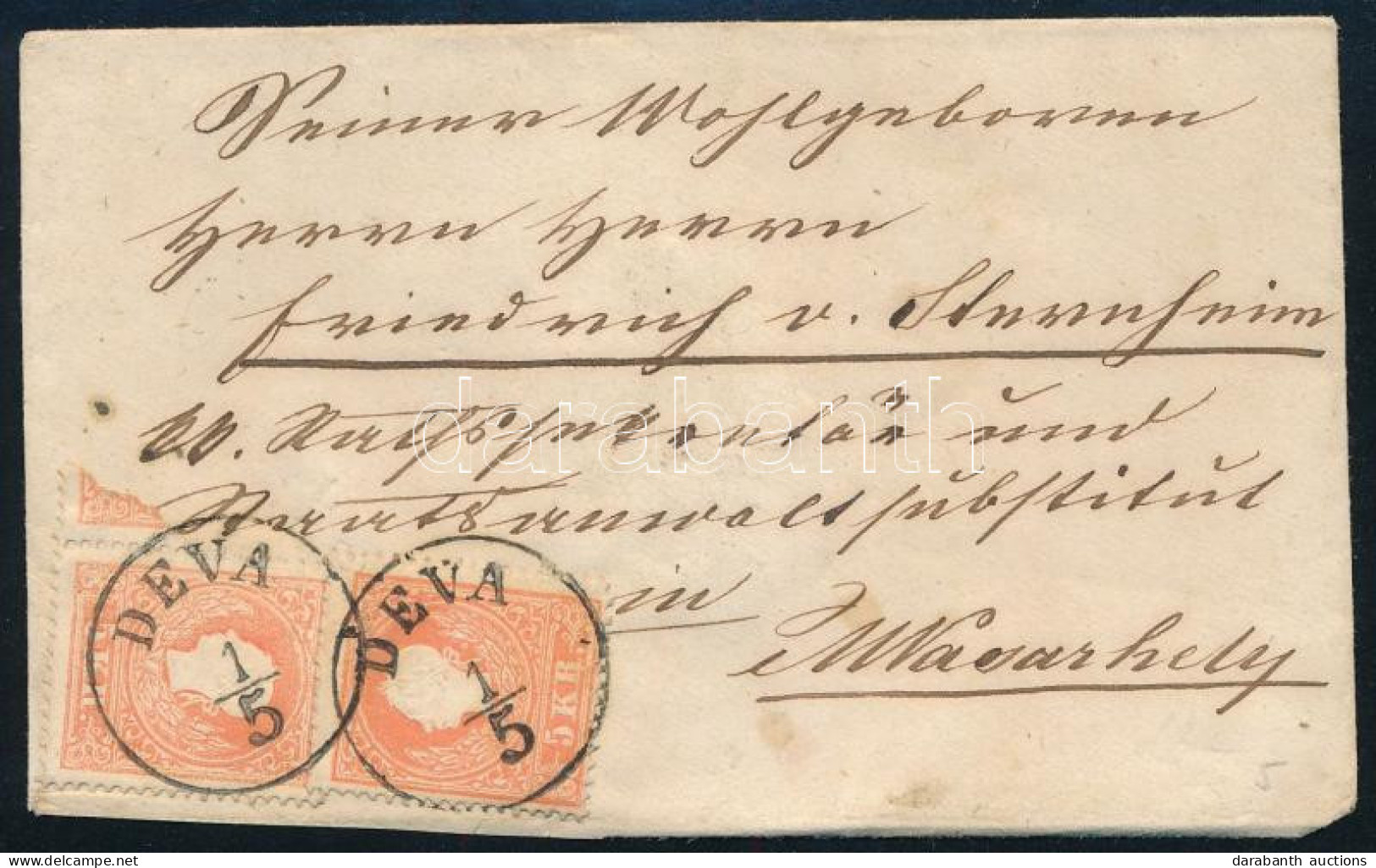 1860 2 X 5kr (eltérő Szín, Festékfoltok) Levélen "DÉVA" - M. Vásárhely - Sonstige & Ohne Zuordnung