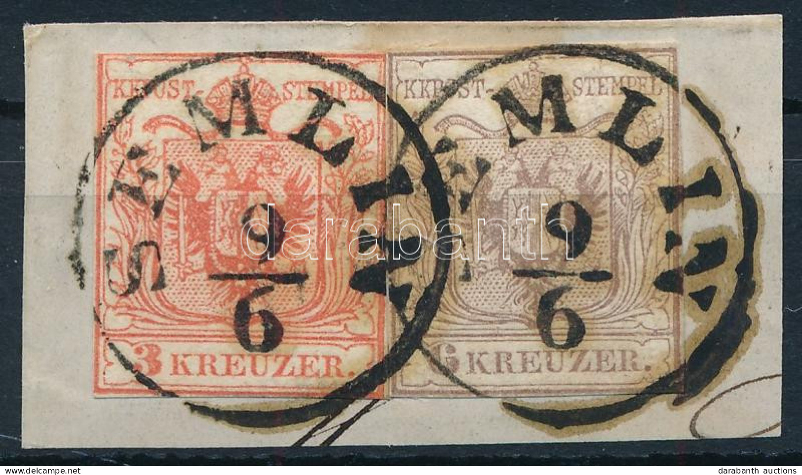 1850 3kr + 6kr Liliputi Vágással Luxus Kivágáson "SEMLIN" - Autres & Non Classés