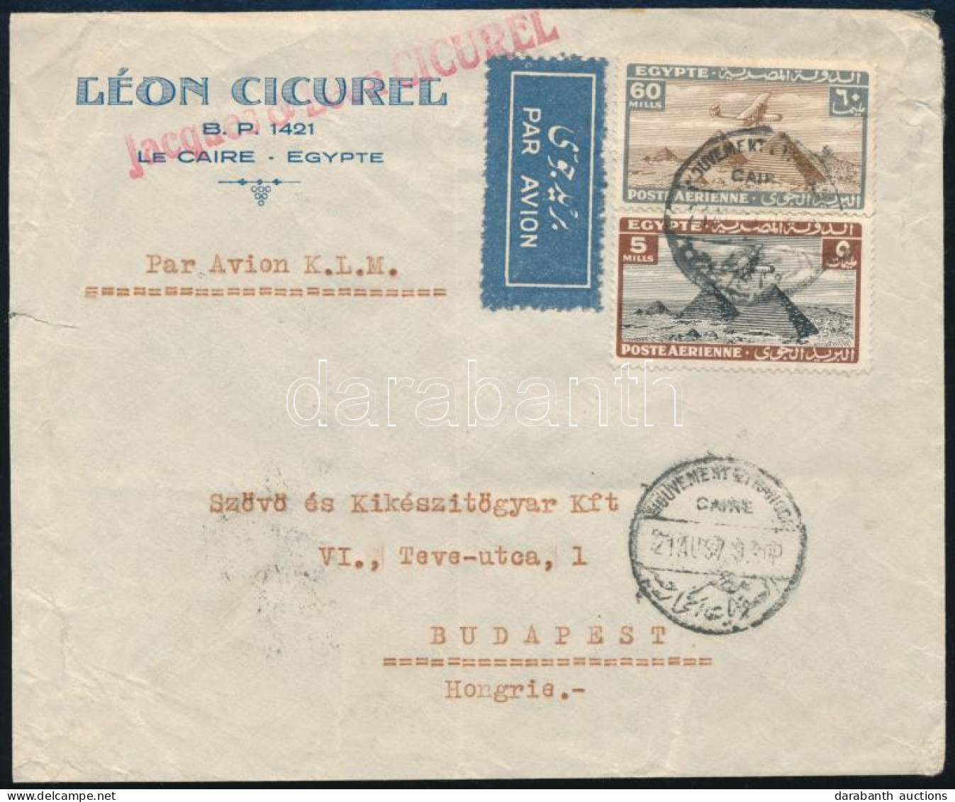 Egyiptom 1937 Légi Levél Budapestre Küldve - Other & Unclassified