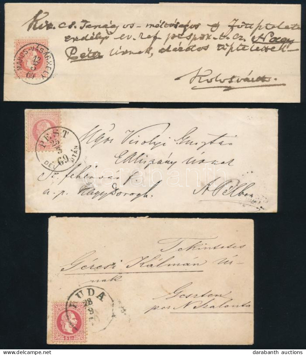 1869-1870 Hajtogatott Küldemény + 2 Db Boríték, Mind 5kr Bélyeggel Bérmentesítve "BUDA", "PEST / DÉL UTÁN", "MAROS-VÁSÁR - Sonstige & Ohne Zuordnung