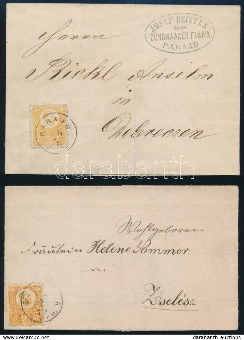 1872-1874 2 Db Küldemény 1-1 Db Réznyomat 2kr Bérmentesítéssel, Narancs és Sárga Színben - Sonstige & Ohne Zuordnung
