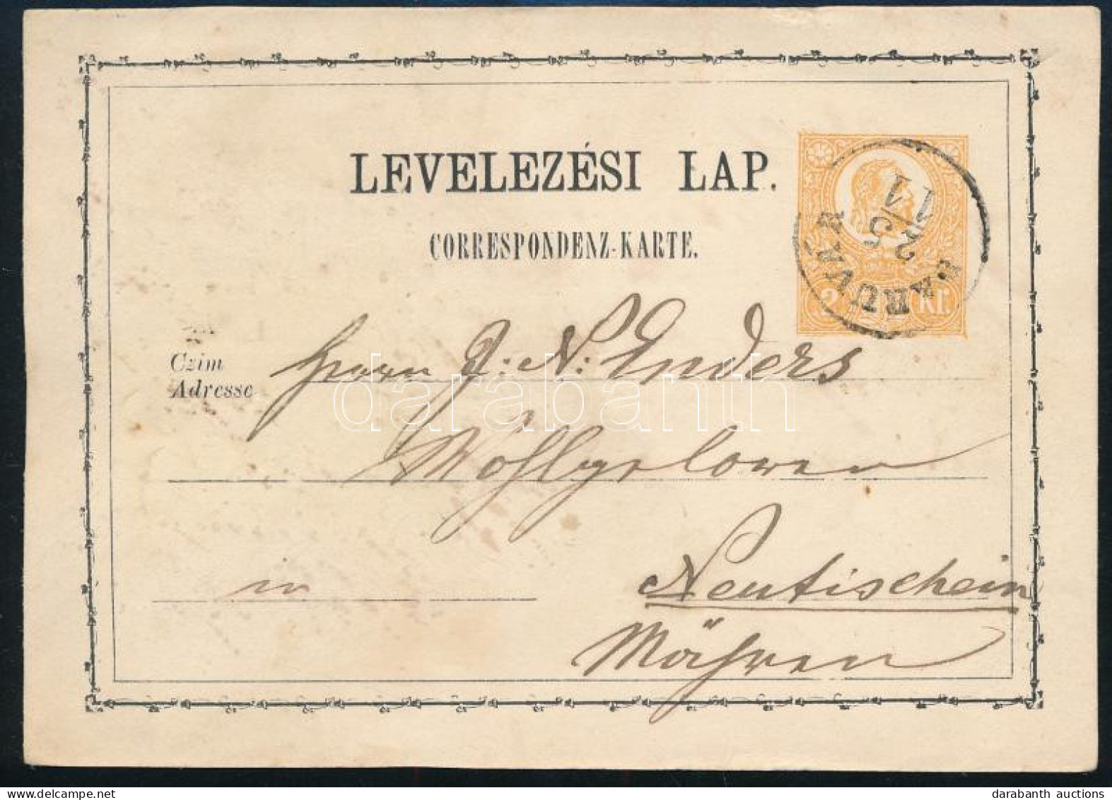 1872 2kr Díjjegyes Levelezőlap / PS-card "DARUVÁR" - Neutitschein - Otros & Sin Clasificación