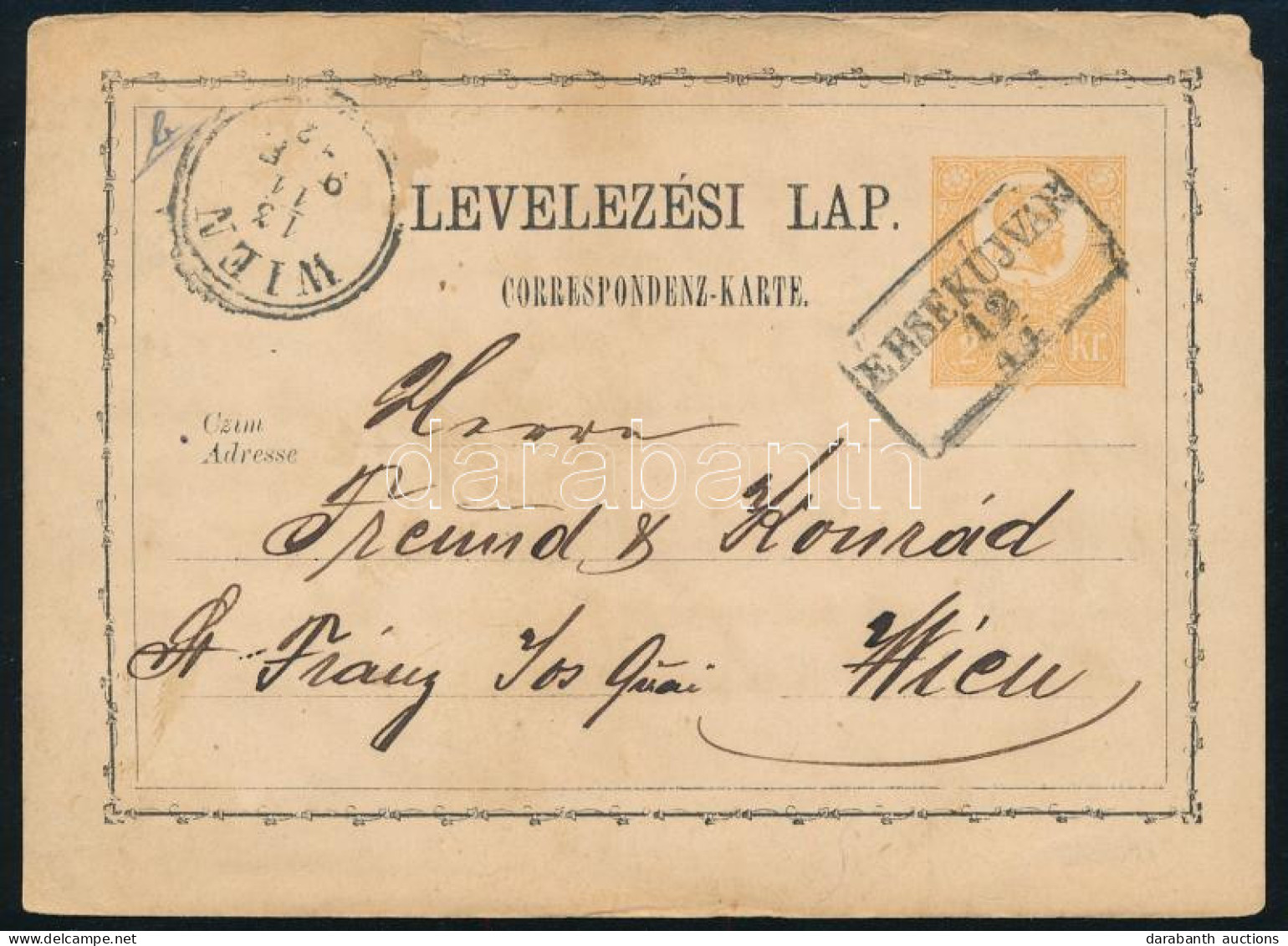 1872 2kr Díjjegyes Levelezőlap / PS-card "ÉRSEKÚJVÁR" - "WIEN" - Autres & Non Classés